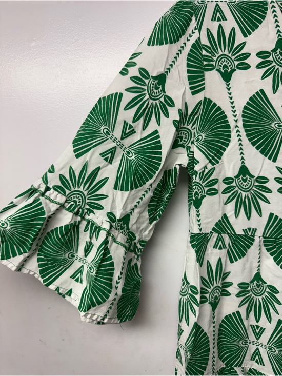 Mlle Gabrielle Green White Boho Tunic Dress S Tiered Flowy Ruffle Sleeve Summer